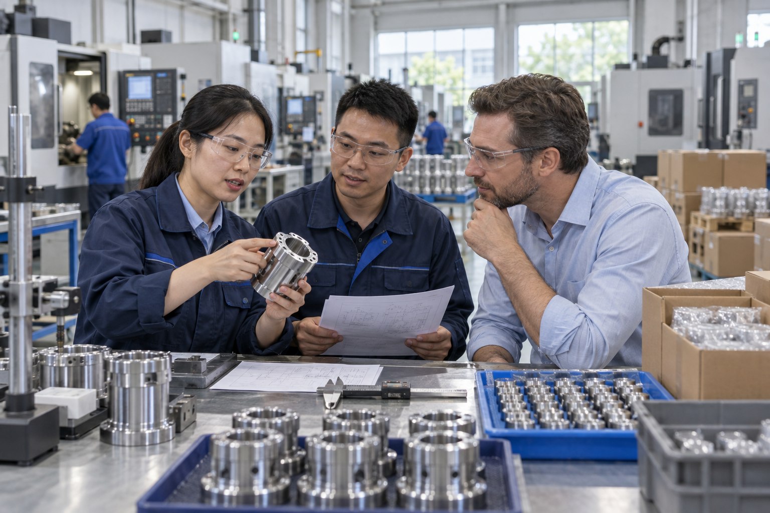 Manufacturing professionals examining a component inside a precision factory