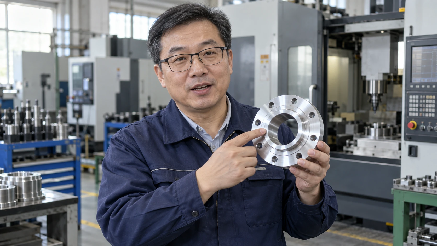 Factory specialist demonstrating a component