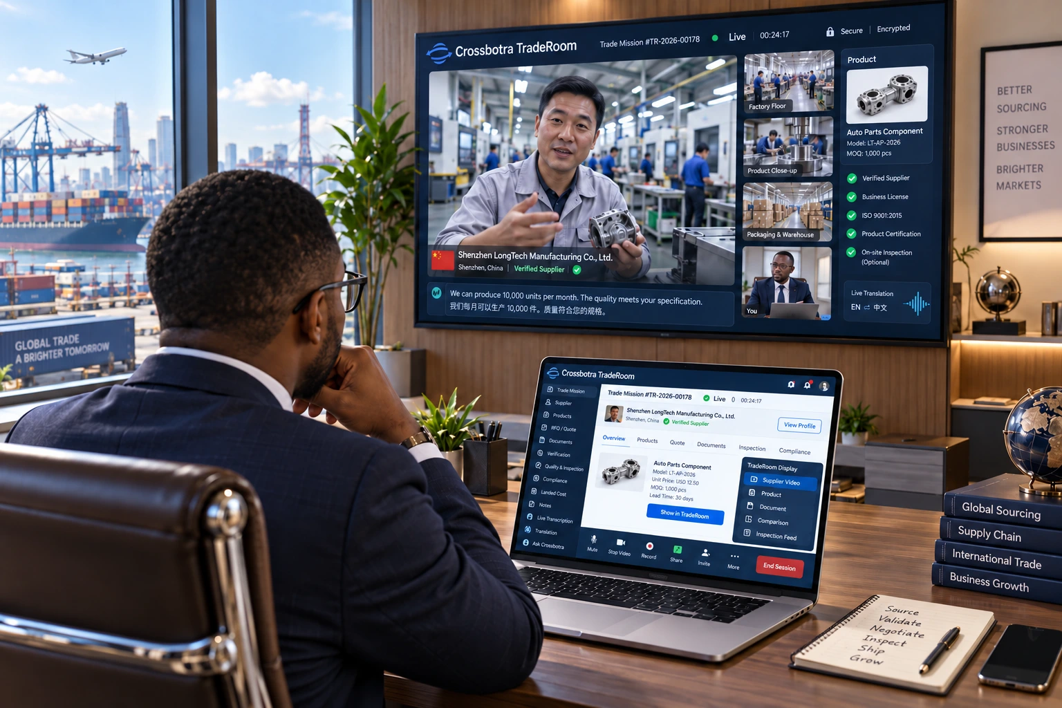 Concept TradeRoom experience: a buyer meets a factory specialist, with product, factory and shipment context on screen